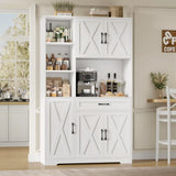 Tall Farmhouse-Style Kitchen Pantry Cabinet with Microwave Stand and Barn Door Design