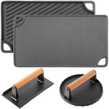 3-in-1 Cast Iron Grill Press Set Dual-sided Rectangular Round Grid Press Flat for Panini