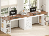 Farmhouse Style 96.5 Inch Double Computer Desk 2 Person with Drawers Storage Shelves