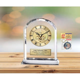 Diamond Cut Arch Clear Crystal Engraved Gold Gear Luxury Desk Clock