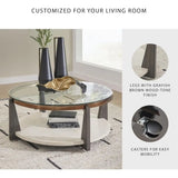 Contemporary Round Glass Coffee Table in Gray, Brown, and Gold Finish