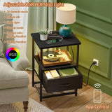 Night Stand Set Of 2 With Charging Station, LED Nightstand W/ Fabric Drawers