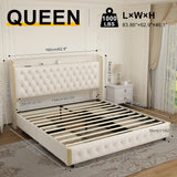 Queen Platform Bed Frame w/LED Lights, Wingback Headboard, USB Ports