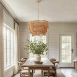 Handwoven Rattan Boho Chandelier 7-Light E26, 60cm Adjustable Wave Pendant