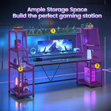 Gaming Desk 78.8'' with LED Lights, Hutch and Storage Shelves, Computer Desk with Monitor Stand,
