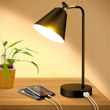 Industrial Black Metal Table Lamp For Bedroom Office w/ 2 USB Charging Ports