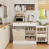 White Farmhouse Kitchen Storage Cabinet with Barn Doors Wooden Top Multi Purpose