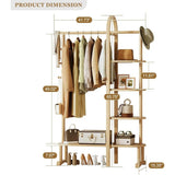 Solid Wood Clothing Rack with 4 Shelves Storage and 5 Wooden Hooks Clothes Rack,Multi-functional Coat Rack for Clothes, Shoes, B