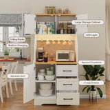 Adjustable Shelf Tall Kitchen Pantry Cabinet with 3 Drawers, LED Light & Charging Station