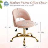 Modern Velvet Small Office Chair,Cute Desk Chair with Wheels,Gold Base