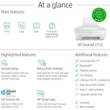 DeskJet 2752 All-in-One Color Inkjet Printer Scanner and Copy with Mobile Printing, WirelPrinters or Home and Oice, Ink , Dual-B