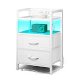 Industrial  Nightstand with Built-in Charging Station, 2 Drawers & LED Lights