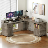 Farmhouse 69" Executive L Shaped Desk with Drawer, Home Office Desk with Charging Station