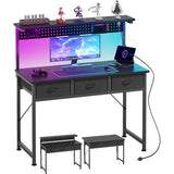 Computer Desk with Drawers 40 Inch Computer Desk with Power Outlet LED Light Gaming Desk