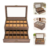 Double-Layer Wood Grain 24-Watch Box Mens Jewelry Holder W/ Drawer
