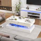 Modern Stylish Coffee Table w/ LED lights, Double-Layer Design for Living Room