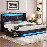 Queen Bed Frame with LED Lights and Charging Station, Noise Free