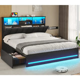 Wooden Bed Frame with Charging Station, Storage Drawers and LED Lights