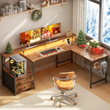 66 L Shaped Computer Desk with Power Outlet LED Lights Reversible Corner Home Office Desk