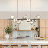 10-Light Matte Black Adjustable Chandelier with Smoked Glass Globe Shades Mid