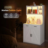 64" armhouse Kitchen Pantry with Auto Sensor LED,Storage Cabiwith 2 Outlets