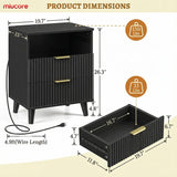 Black Set of 2, 20 Inch Modern Wood Nightstand with Charging Station