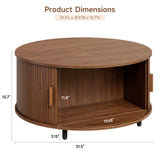 Round 31.5" Modern Coffee Table w/ 360° Curved Sliding Door,Fluted Wood