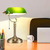 Green Glass Bankers Desk Lamp for Study, Office, LED Bulb Included