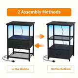 Night Stand Set Of 2 With Charging Station, LED Nightstand W/ Fabric Drawers