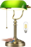 Green Glass Bankers Desk Lamp for Study, Office, LED Bulb Included