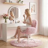 Vanity Chair Round Hollow Back Height Adjustable Faux Fur Wheels Arms Makeup Bedroom