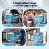 Portable evaporative air cooler for garage use, plastic housing, gray color