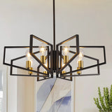 Modern 8-Light Geometric Chandelier Adjustable Height Metal Pendant Light with Black