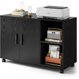 Black Office Storage Cabinet with Doors and Shelves, Lateral Printer Stand