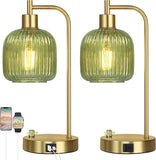 Nightstand Set of 2, Green Glass Bedside Lamps with USB A&C Ports