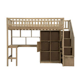 Twin Loft Bed Solid Wood L-Shaped Desk Storage Stairs LED Lights Shelves