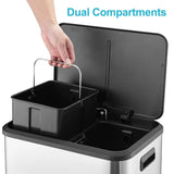 Dual Trash Can, Stainless Steel 2 x 4 Gal (2 x 15L) Garbage Can, Steel Pedal Recycle Bin with Lid