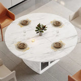 White Marble-Look Round Dining Table with Storage for 4-6, Modern Kitchen Table