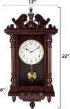 Wall Clock with Real Wood, 4 Chime Options, Swinging Pendulum, 22" Large