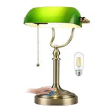 Green Glass Bankers Desk Lamp for Study, Office, LED Bulb Included