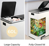 Brushed Stainless Steel 60L/16Gallon Rectangular Hands-Free Dual Compartment Recycling Kitchen Step Trash Can w/ Soft-Close Lid