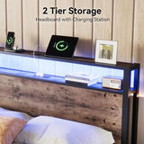 Full Size Bed Frame with Storage Headboard, LED Lights, Charging Station