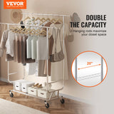 VEVOR Adjustable Length Clothes Rack w/ Bottom Shelf & Wheels for Laundry