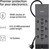 12-Outlet Surge Protector Power Strip with 8ft Flat Plug for Home Office