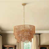 Handwoven Rattan Boho Chandelier 7-Light E26, 60cm Adjustable Wave Pendant