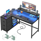 EnHomee L Shaped Computer Desk with LED Lights & Power Outlet Reversible Corner Desk with 3 Drawers & Monitor Stand Gaming Desk