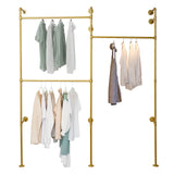 Gold 3-Tier Clothing Rack Wall Mounted Industrial Pipe Garment Rack Heavy Duty Metal Garment Frame
