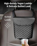 Black Quilted PU Leather Car Trash Bin With Integrated Tissue Dispenser, Leakproof Mini Garbage Holder Featuring Adjustable