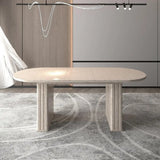 Oval Travertine-Inspired Dining Table for 4-8, Wooden Base, Suitable for Family