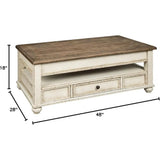 Vintage Inspired Rectangular Lift Top Coffee Table w/ Storage, White&Brown